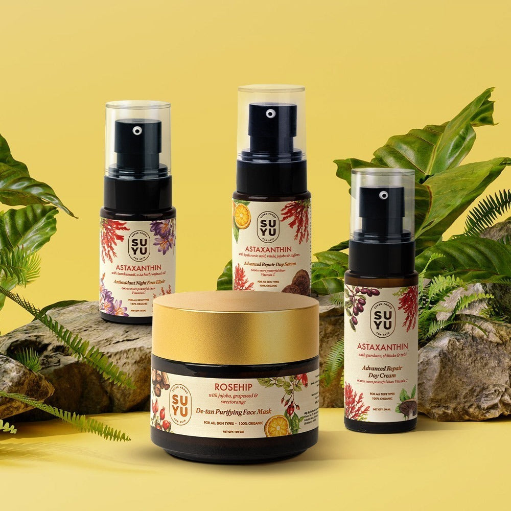 Suyu India Revive & Repair Regime bundle with serum and cream, promoting youthful, revitalised skin.