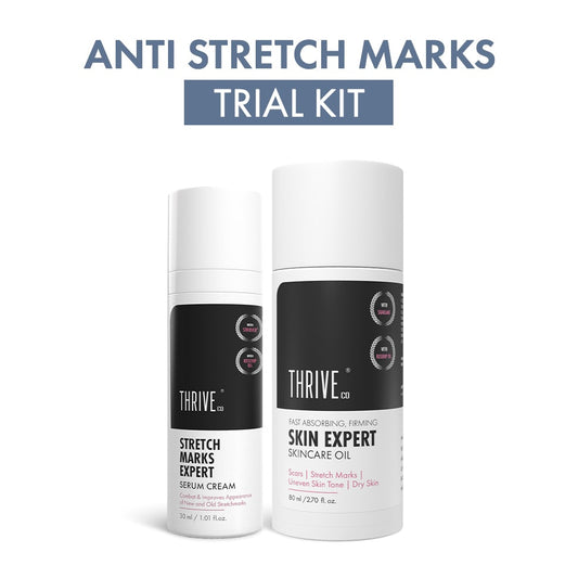 Thriveco Stretch Marks Trial Kit with serum and skincare oil, displayed on a clean background.