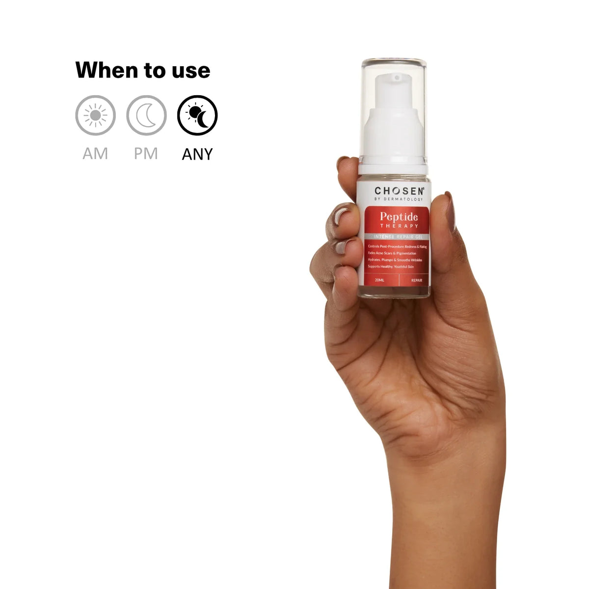 Chosen Peptide Therapy Intense Repair Gel bottle, a clear gel serum for oily acne-prone skin. - Image 3