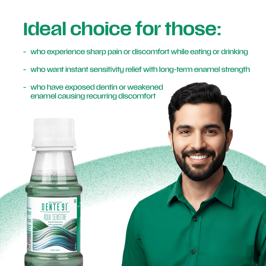 Close-up of Dente91 Aqua Sensitive Mouthwash liquid