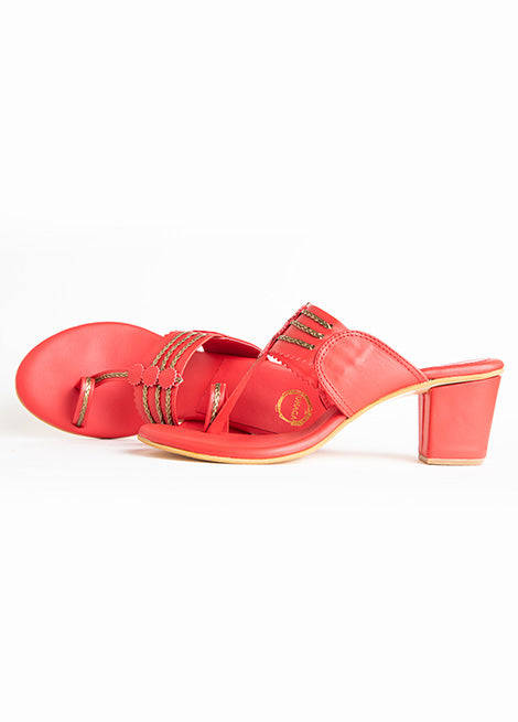 Dhaga Red Block Heels Kolhapuri for women
