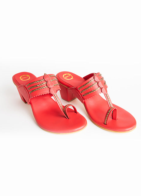 Dhaga Red Block Heels Kolhapuri for women