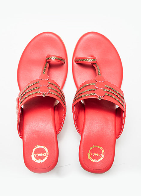 Dhaga Red Block Heels Kolhapuri for women