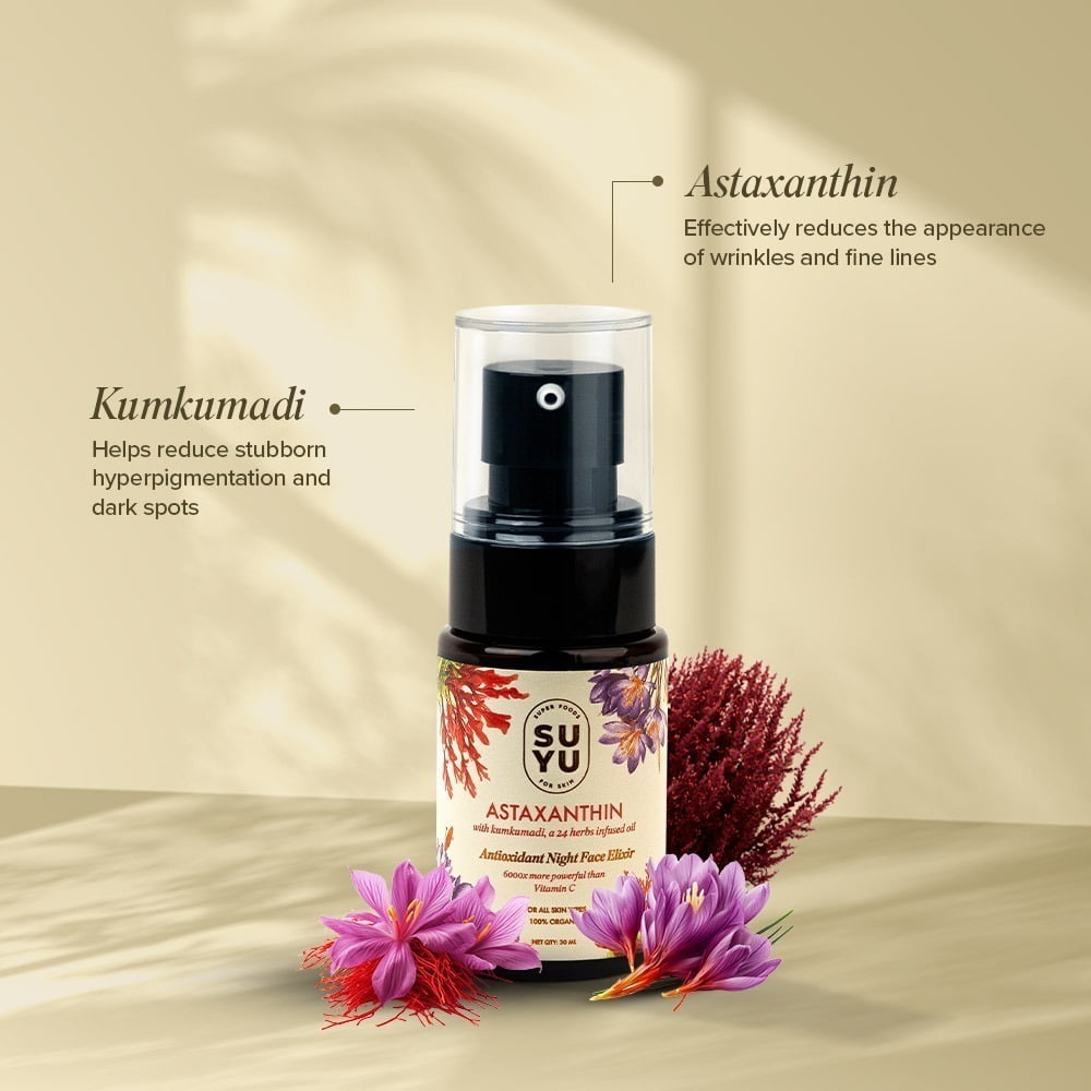 Suyu India All You Need Bundle featuring Astaxanthin Night Elixir and Dandelion Brightening Face Wash on display. - Image 4