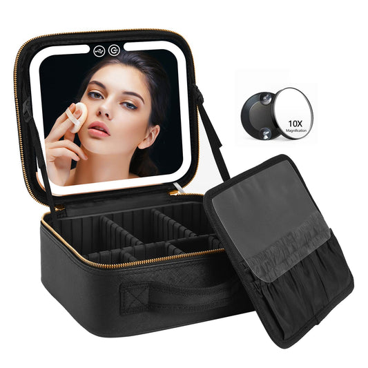 VANMRIOR Makeup Vanity Case with LED Mirror and Dividers Black