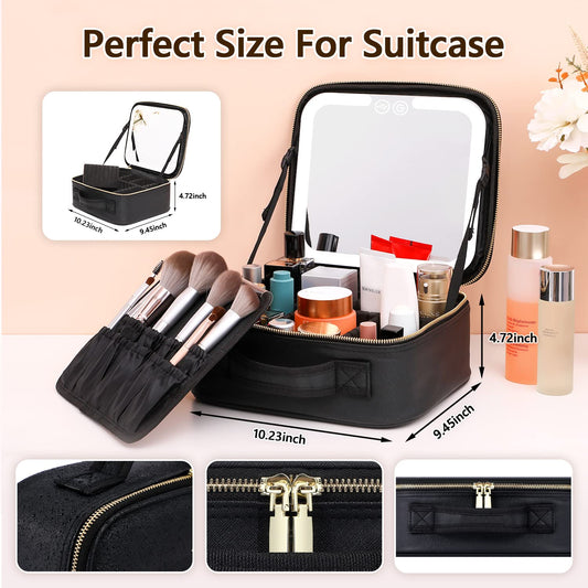 VANMRIOR Makeup Vanity Case with LED Mirror and Dividers Black