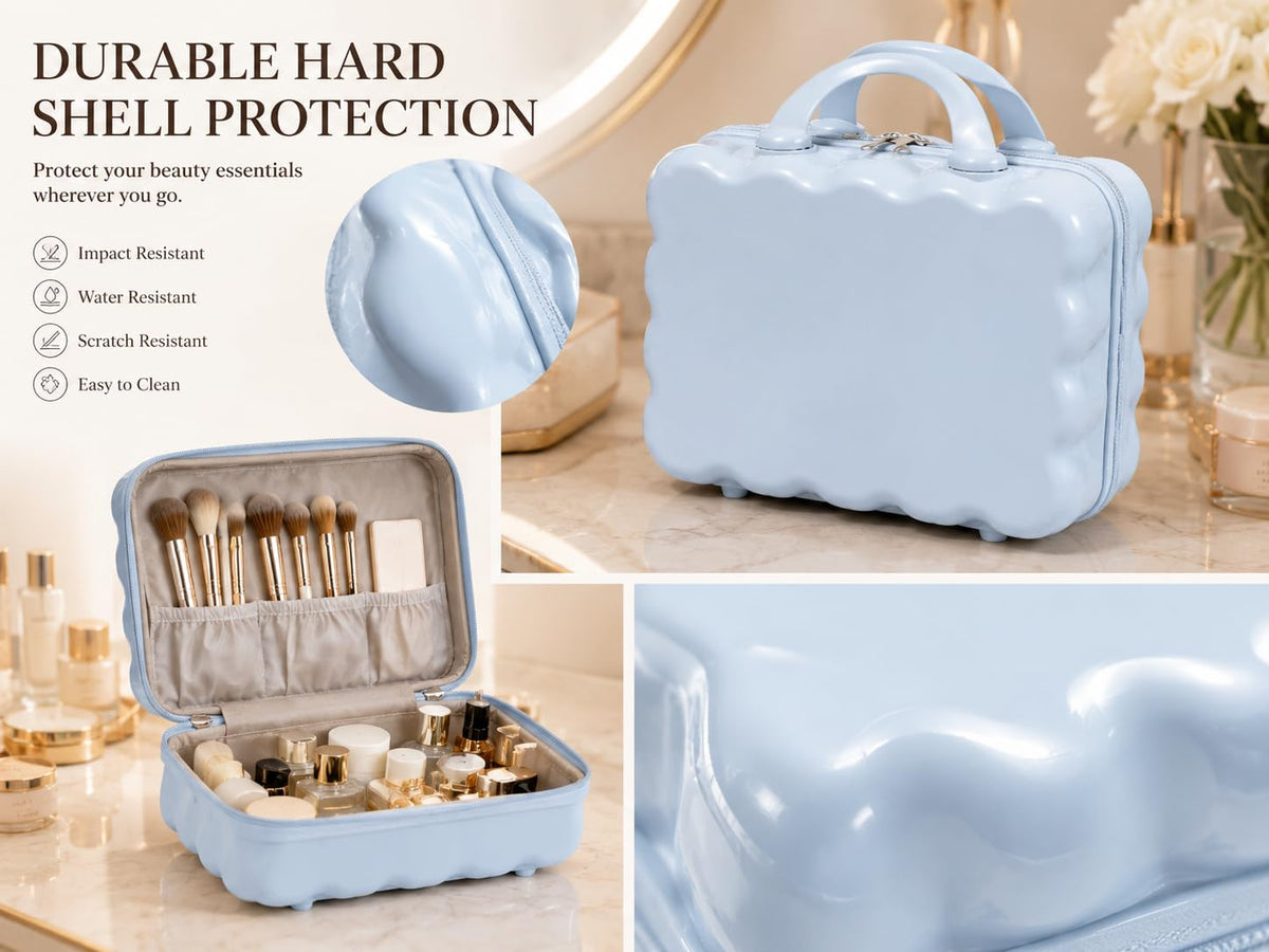 BLUE BEADS Scalloped Hard Shell Makeup Vanity Case 32 cm