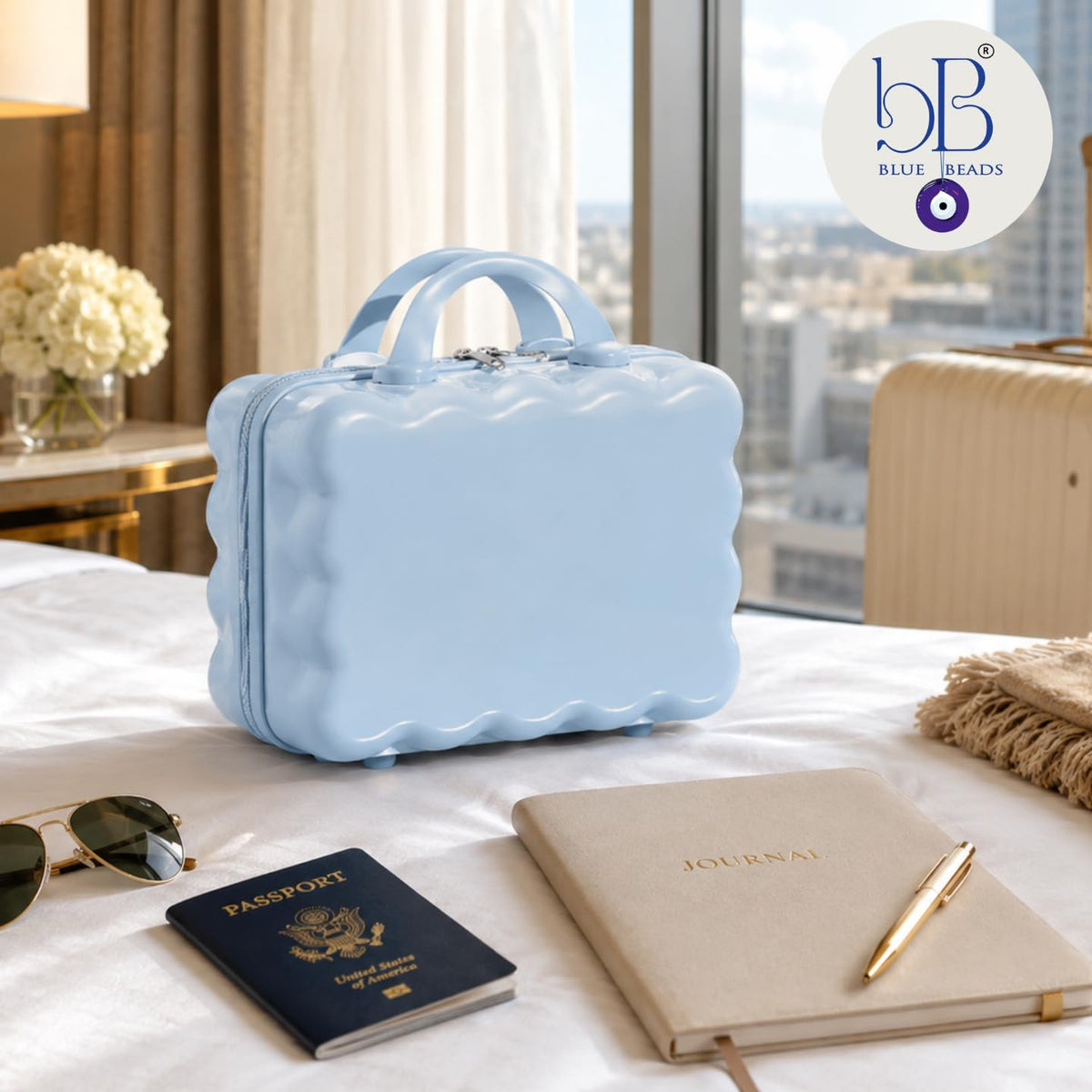 BLUE BEADS Scalloped Hard Shell Makeup Vanity Case 32 cm