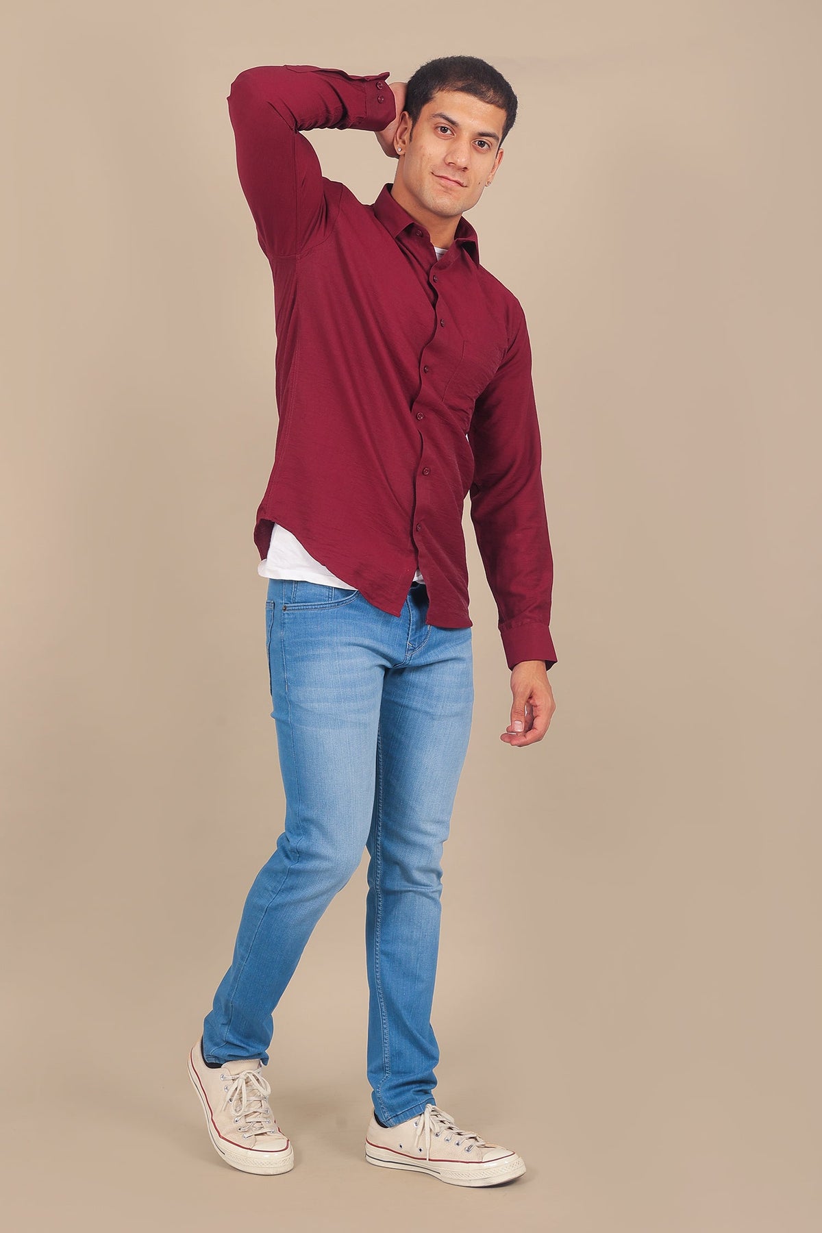 Veshbhoshaa Bluebird Men'S Maroon Knitted Plain Shirt - PUSHMYCART