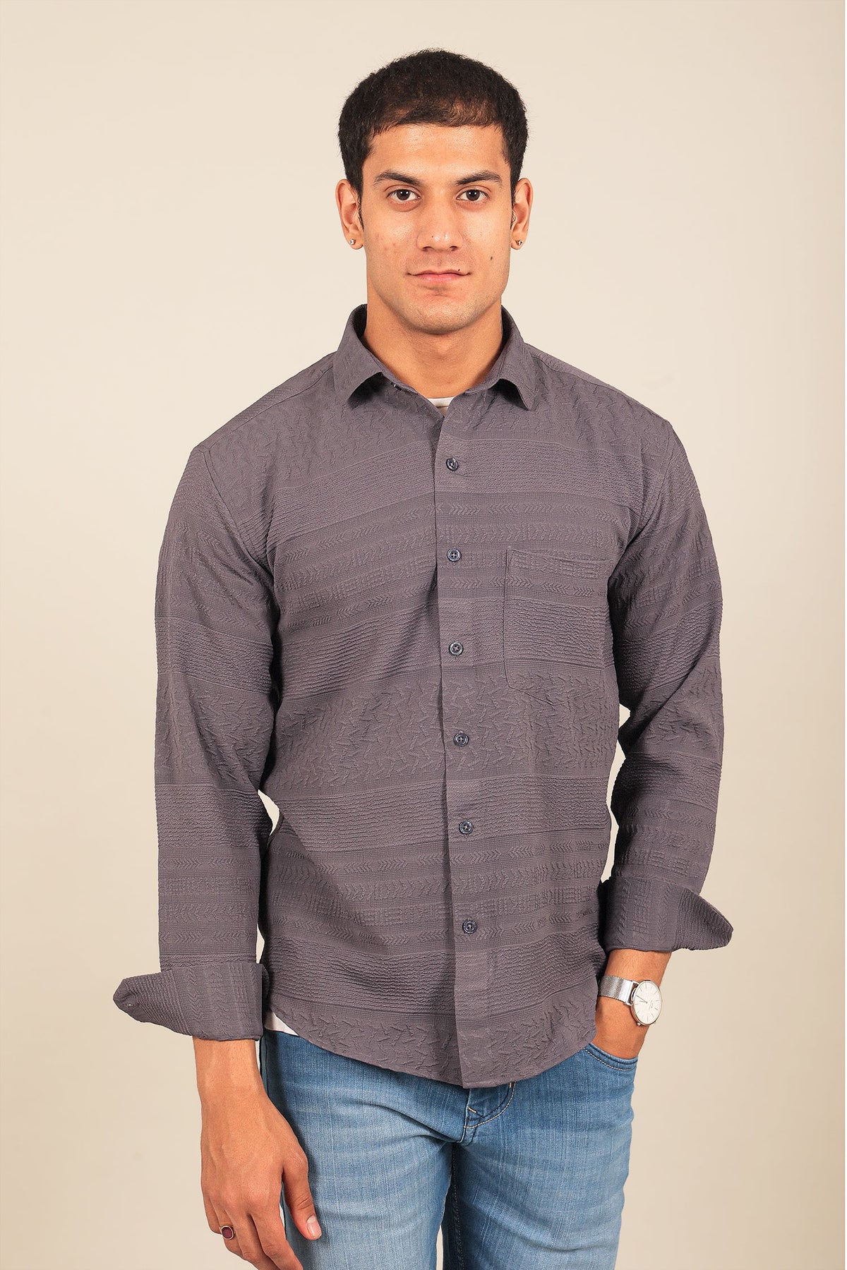 BLUEBIRD MEN'S GREY KNITTED JACQUARD SHIRT