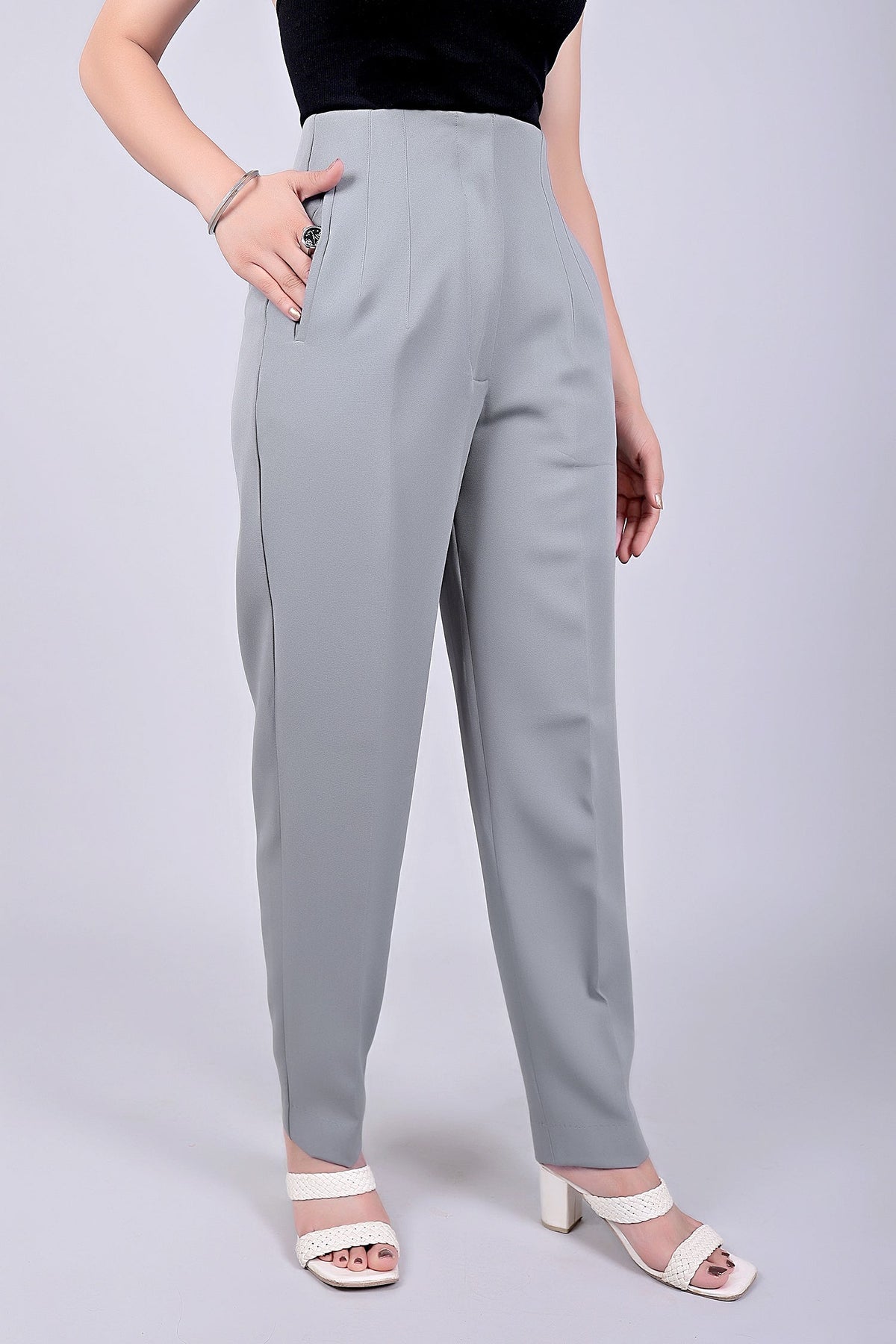 Veshbhoshaa Bluebird Women'S High-Waist Grey Trouser - PUSHMYCART