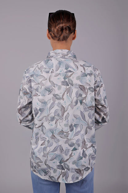 Veshbhoshaa Bluebird Women'S White Leaf Printed Satin Shirt - PUSHMYCART