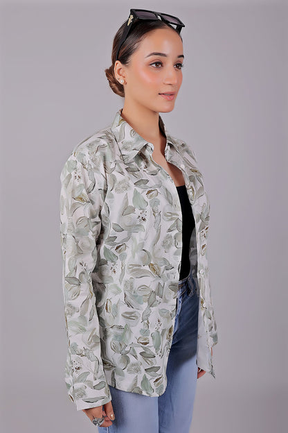 Veshbhoshaa Bluebird Women'S White Green Leaf Printed Satin Shirt - PUSHMYCART