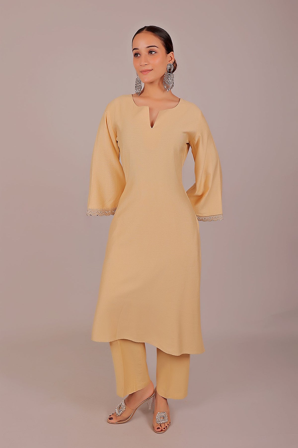 Veshbhoshaa Bluesaanchi Women'S Beige Kurti Pajama Set - PUSHMYCART