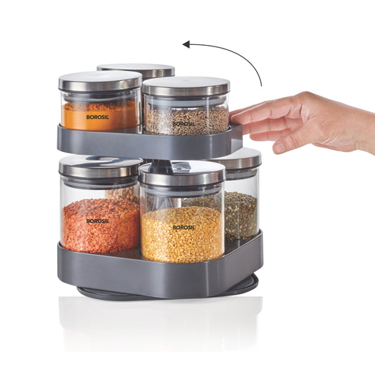 Borosil Spin n Store Tray with Classic Glass Jars SS lid
