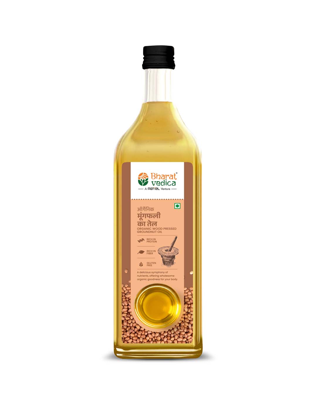 Bharat Vedica Organic Wood Pressed Groundnut Oil bottle with a natural wood background, highlighting its traditional origins.