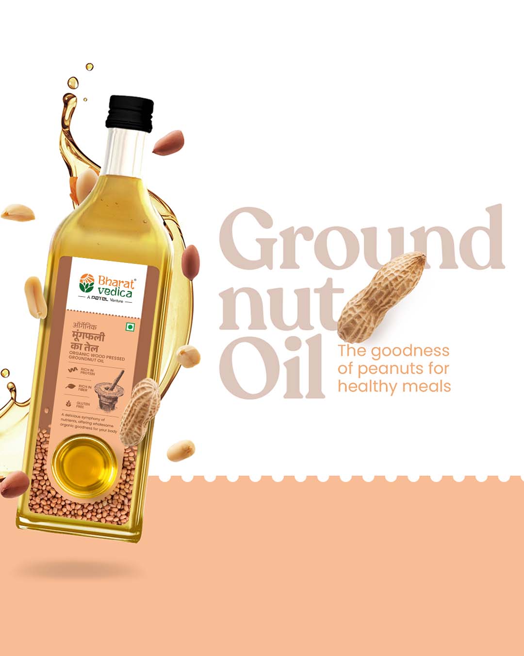 Bharat Vedica Organic Wood Pressed Groundnut Oil bottle with a natural wood background, highlighting its traditiona - Image 3