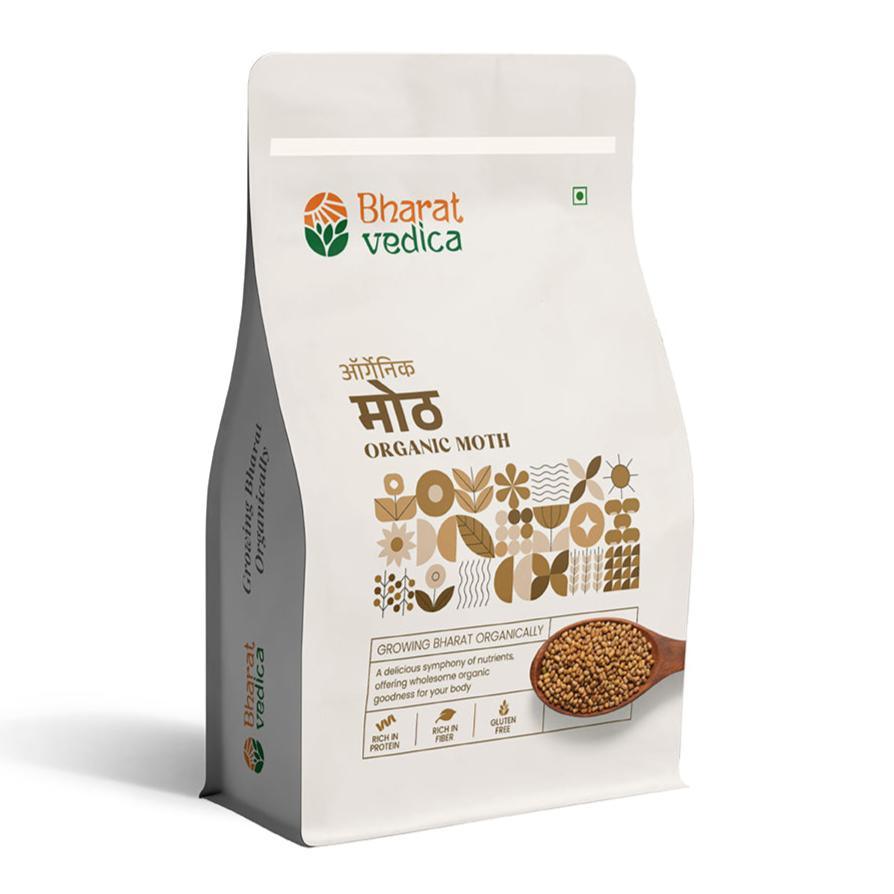 A close-up of Bharat Vedica Organic Moth Beans, showcasing their natural, wholesome appearance and texture.
