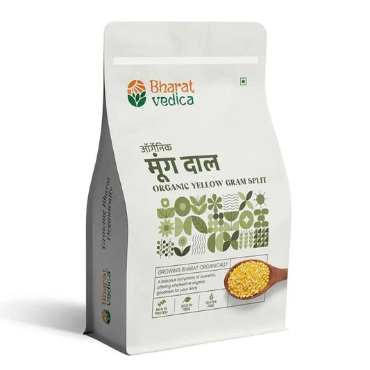 A bag of Bharat Vedica Organic Yellow Gram Split Moong Dal, showing its golden color and natural texture.