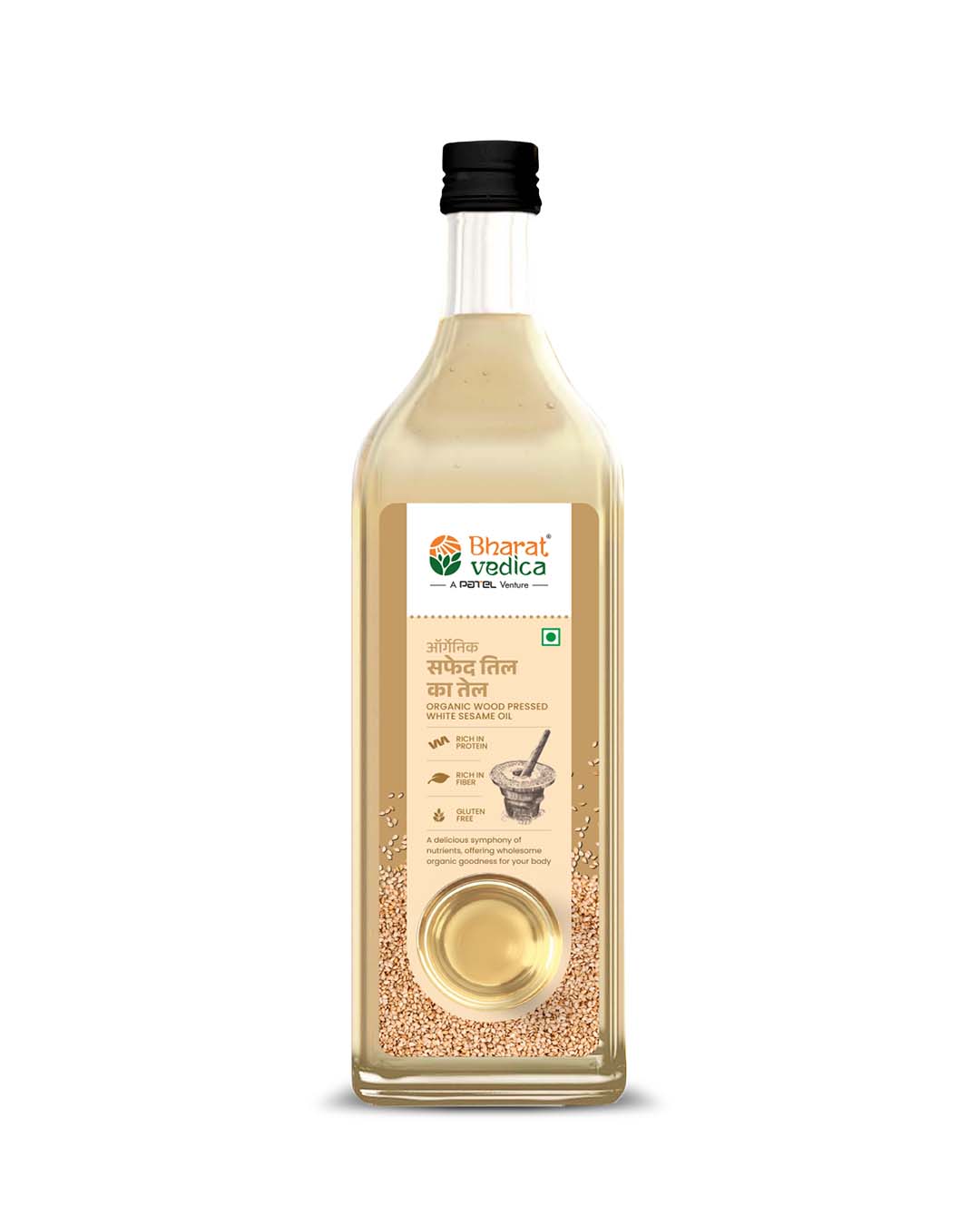 Bharat Vedica Organic Wood Pressed White Sesame Oil bottle with sesame seeds, showcasing its natural origin.