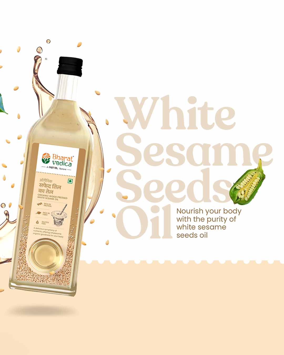 Bharat Vedica Organic Wood Pressed White Sesame Oil bottle with sesame seeds, showcasing its natural origin. - Image 3