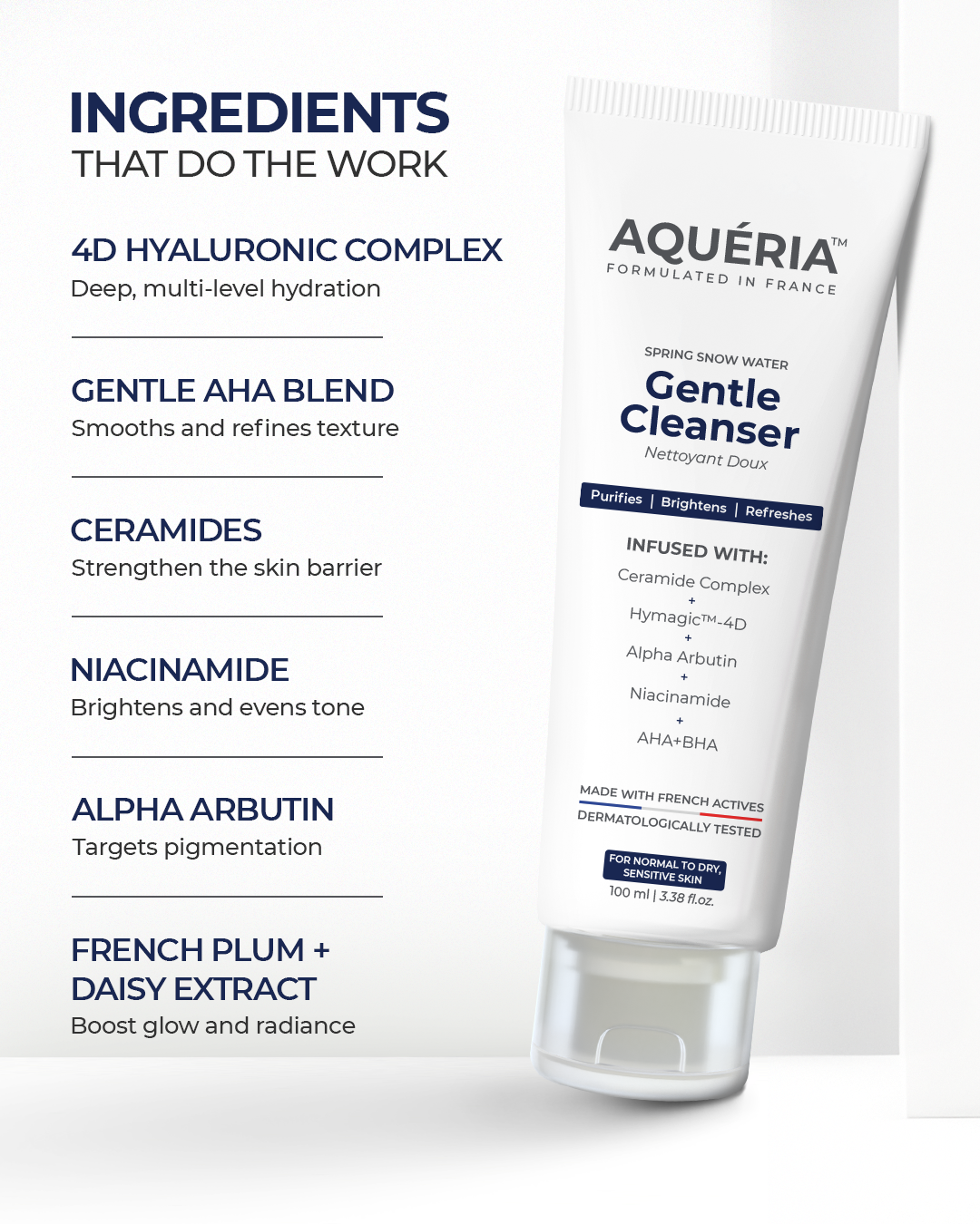 Skincare routine shot featuring the Aqueria Brightening Cleanser, emphasizing daily use for radiant skin.