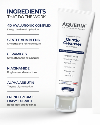 Skincare routine shot featuring the Aqueria Brightening Cleanser, emphasizing daily use for radiant skin.