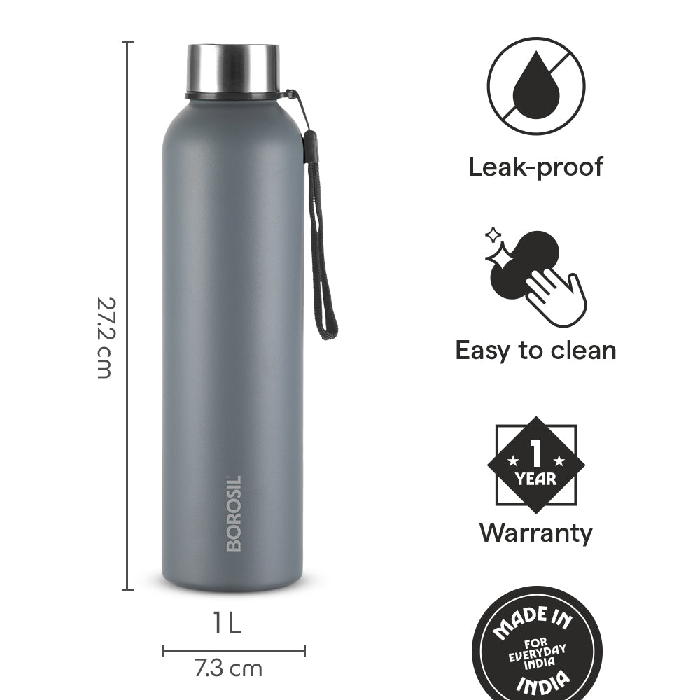 Borosil Personalised Laguna Stainless Steel Single Wall Bottle Grey 1 L
