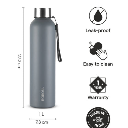 Borosil Personalised Laguna Stainless Steel Single Wall Bottle Grey 1 L