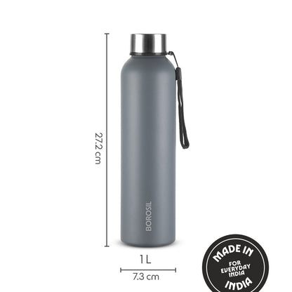Borosil Personalised Laguna Stainless Steel Single Wall Bottle Grey 1 L