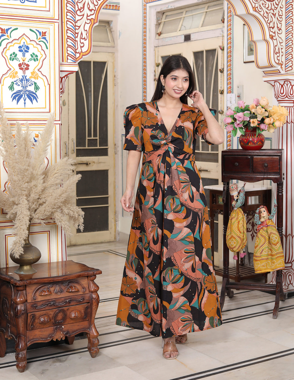 Miravan Womens Pure Cotton Black Puff Sleeve Floral printed Butterfly Maxi Dress