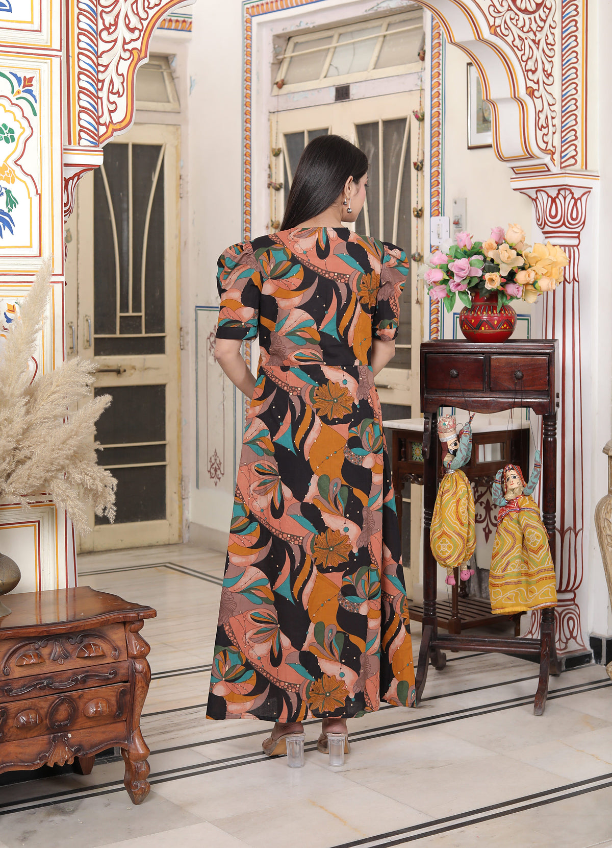 Miravan Womens Pure Cotton Black Puff Sleeve Floral printed Butterfly Maxi Dress - view 3