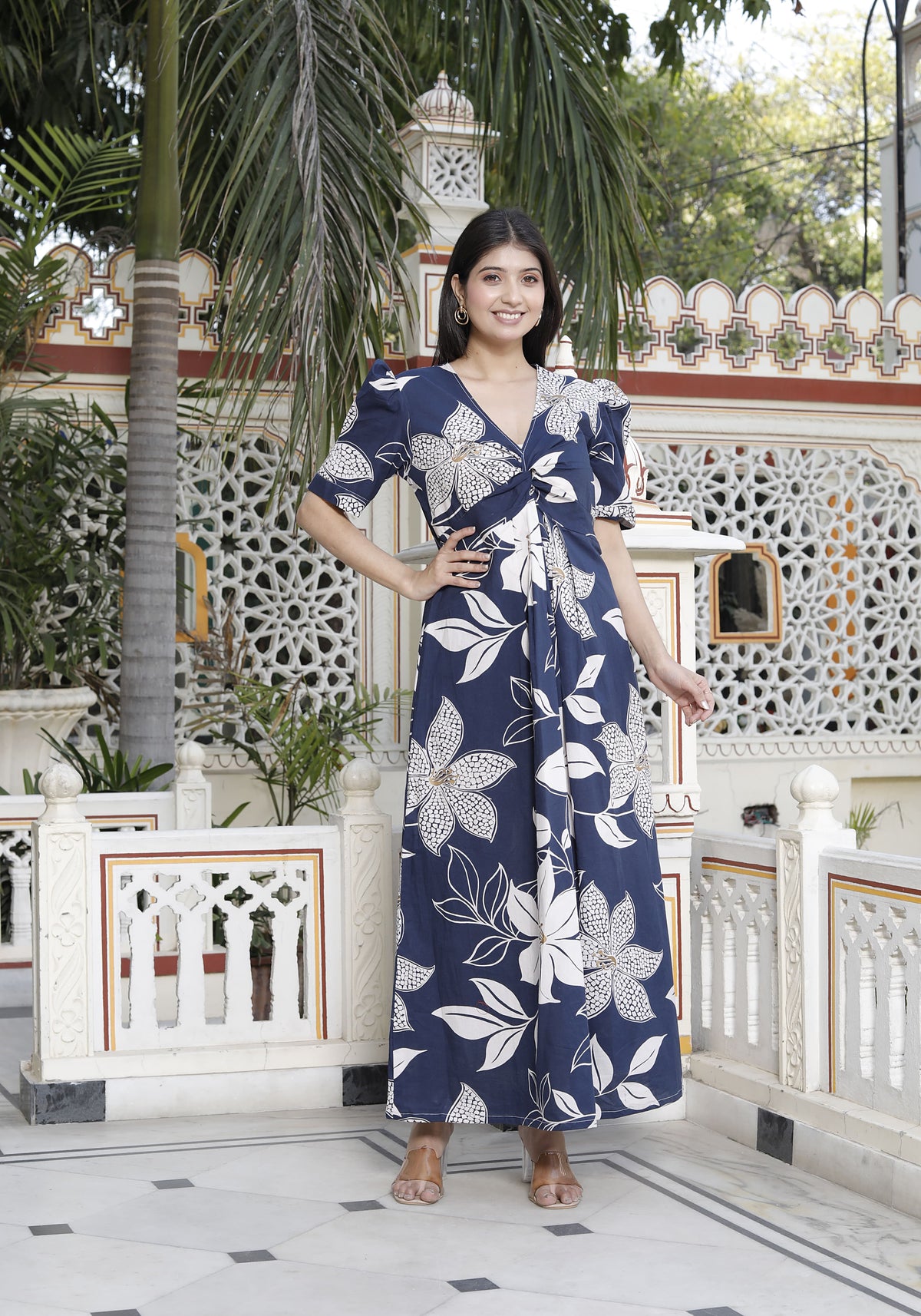 Miravan Womens Blue Flower Printed Puff Sleeve Pure Cotton Fit V Neck Butterfly Maxi Dress - view 3