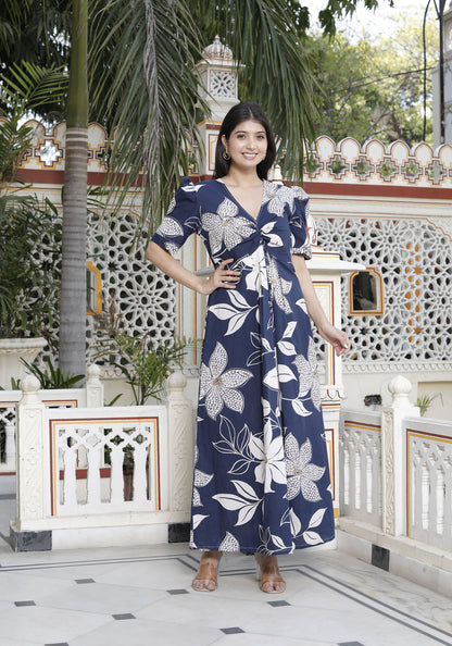 Miravan Womens Blue Flower Printed Puff Sleeve Pure Cotton Fit V Neck Butterfly Maxi Dress - view 3