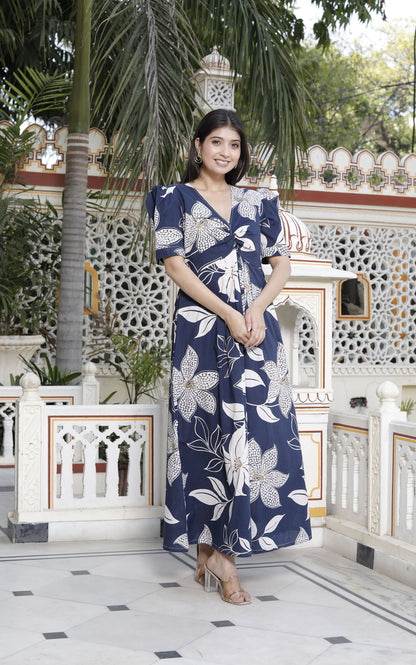 Miravan Womens Blue Flower Printed Puff Sleeve Pure Cotton Fit V Neck Butterfly Maxi Dress - view 4