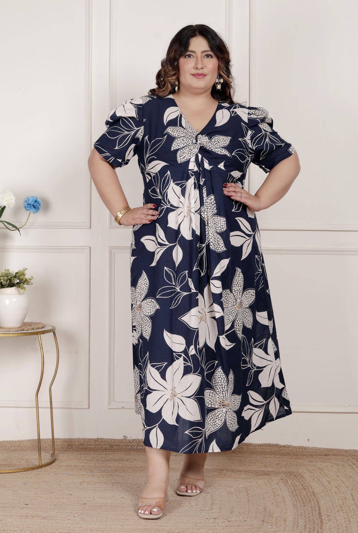 Miravan Womens Plus Size Blue Flower Printed Puff Sleeve Pure Cotton Fit V Neck Butterfly Middi Dress