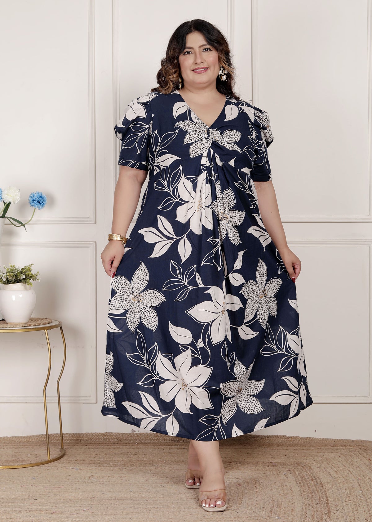 Miravan Womens Plus Size Blue Flower Printed Puff Sleeve Pure Cotton Fit V Neck Butterfly Middi Dress - view 2