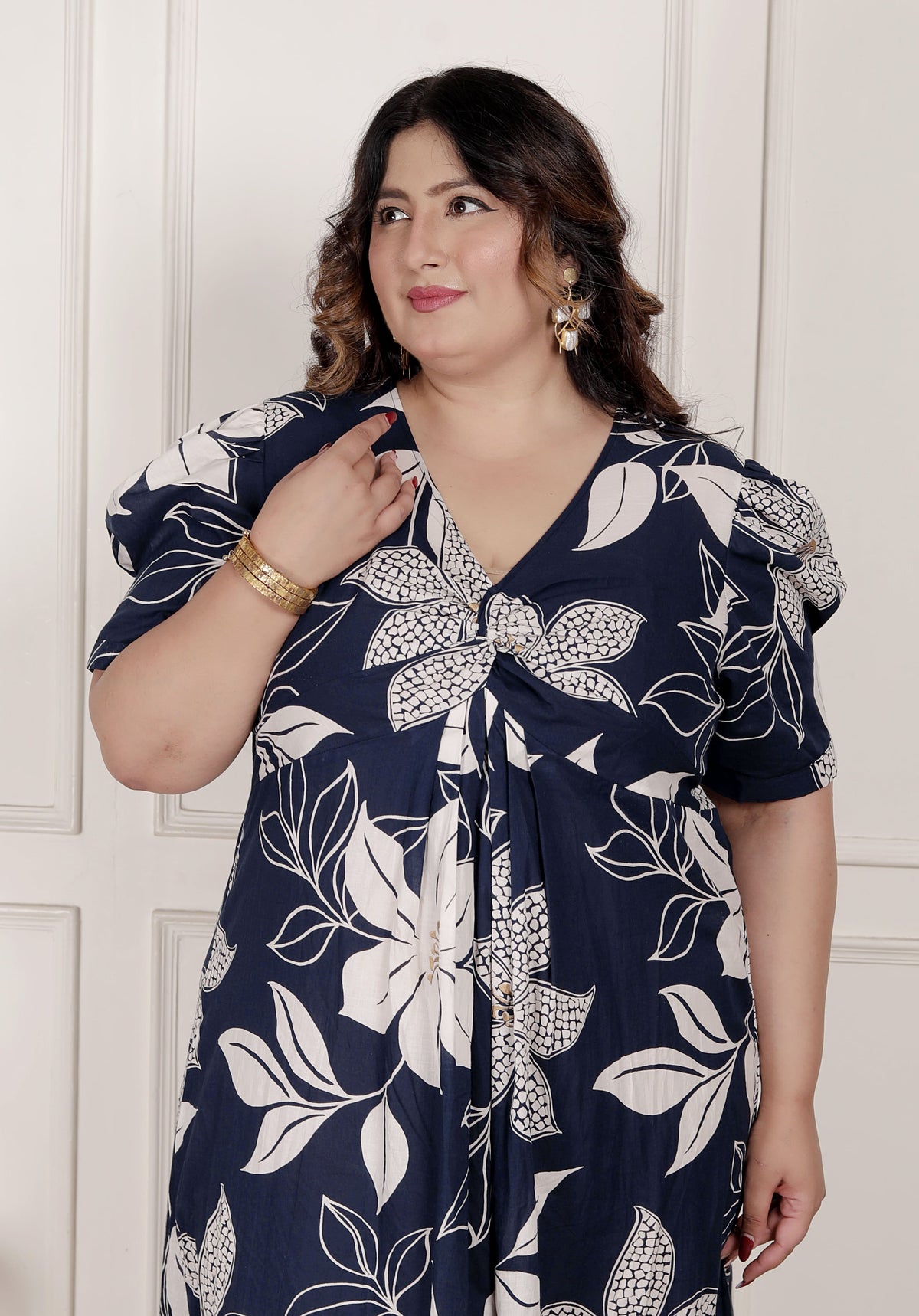 Miravan Womens Plus Size Blue Flower Printed Puff Sleeve Pure Cotton Fit V Neck Butterfly Middi Dress - view 3
