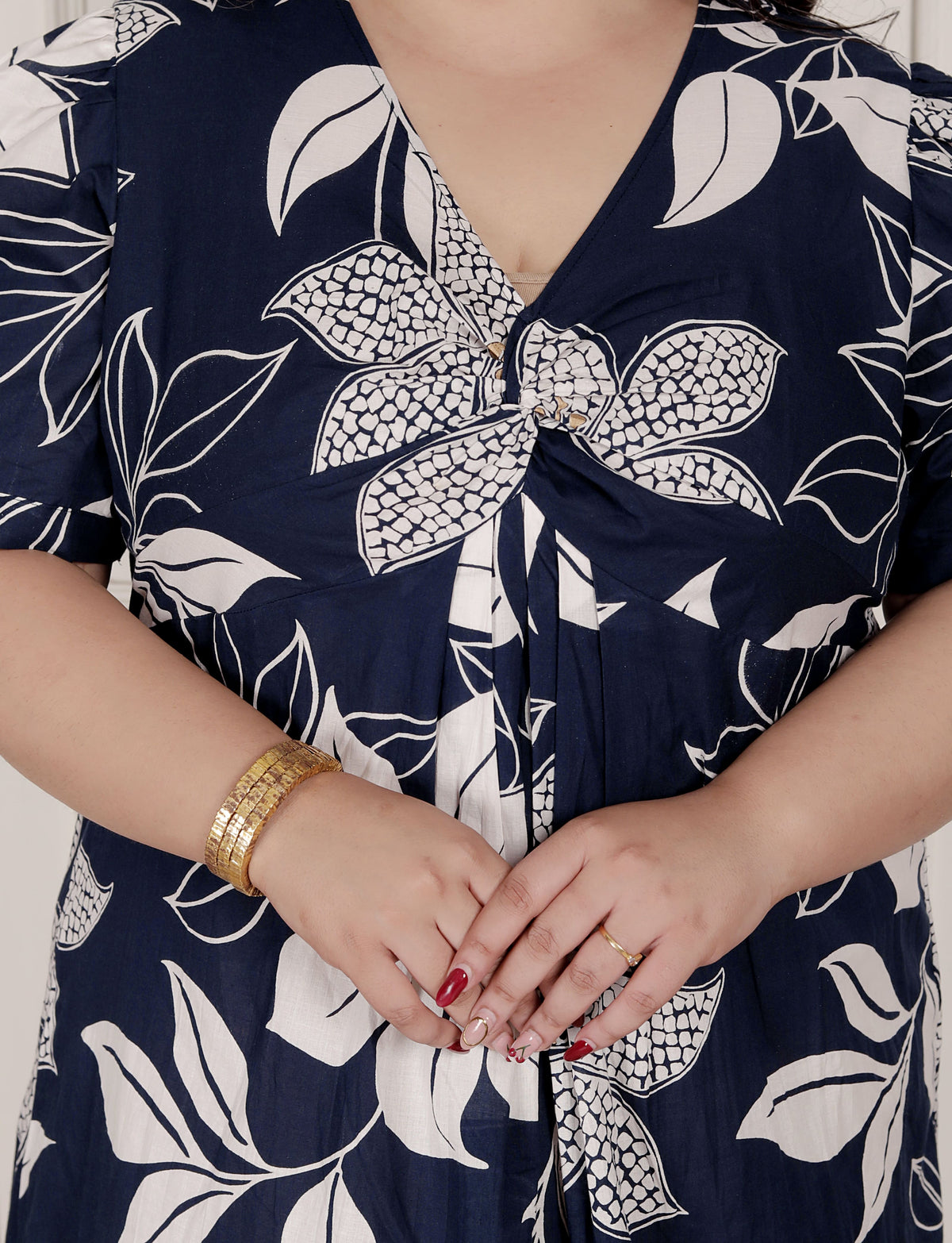 Miravan Womens Plus Size Blue Flower Printed Puff Sleeve Pure Cotton Fit V Neck Butterfly Middi Dress - view 4