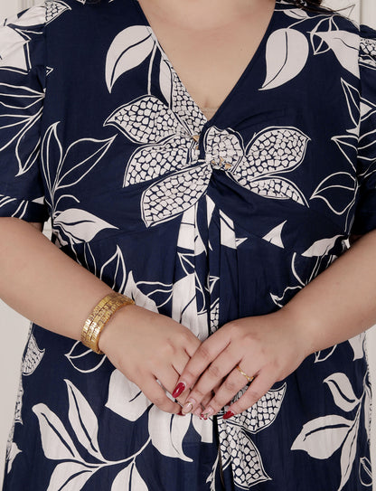 Miravan Womens Plus Size Blue Flower Printed Puff Sleeve Pure Cotton Fit V Neck Butterfly Middi Dress - view 4