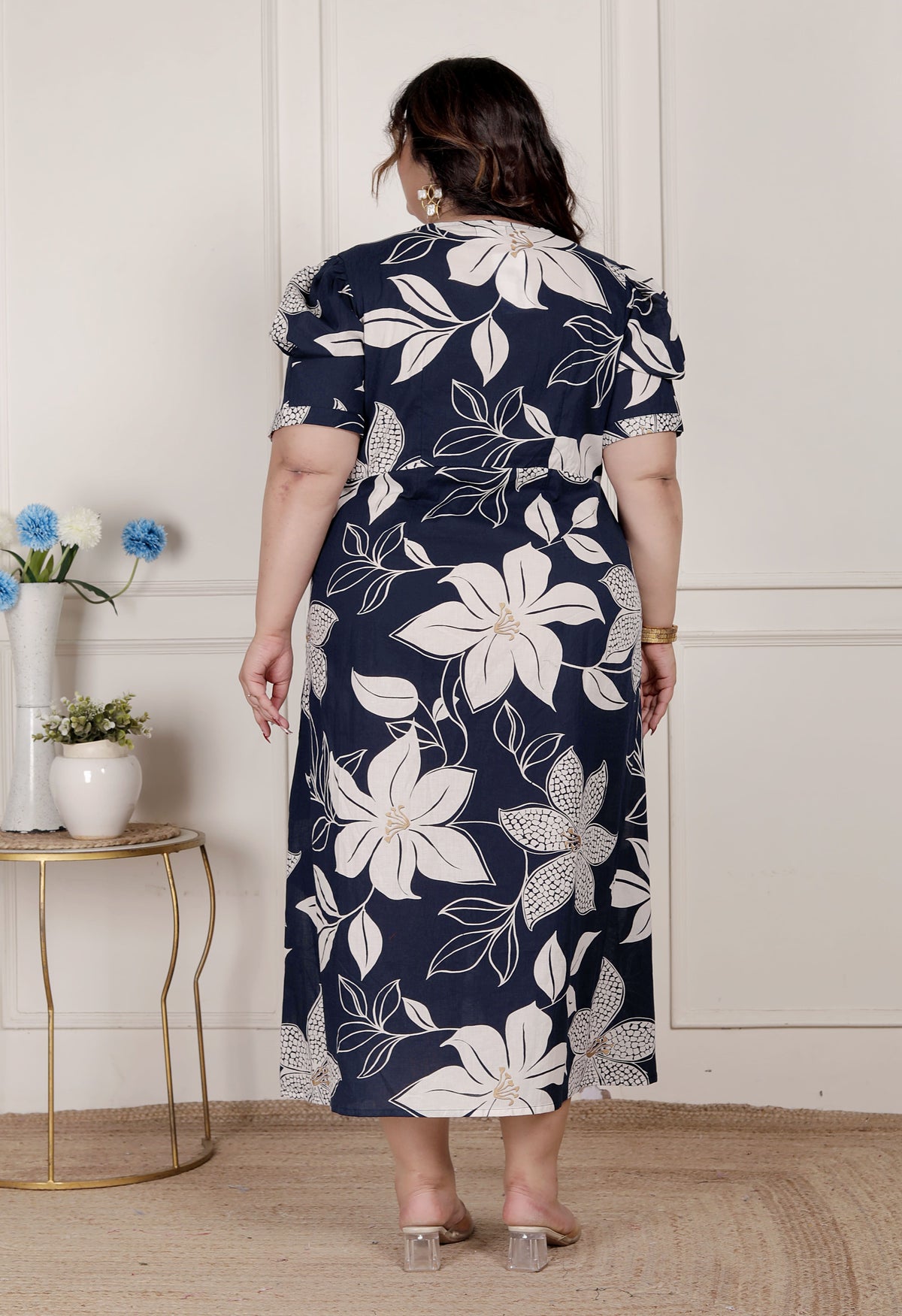 Miravan Womens Plus Size Blue Flower Printed Puff Sleeve Pure Cotton Fit V Neck Butterfly Middi Dress - view 5