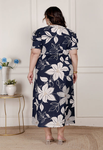 Miravan Womens Plus Size Blue Flower Printed Puff Sleeve Pure Cotton Fit V Neck Butterfly Middi Dress - view 5