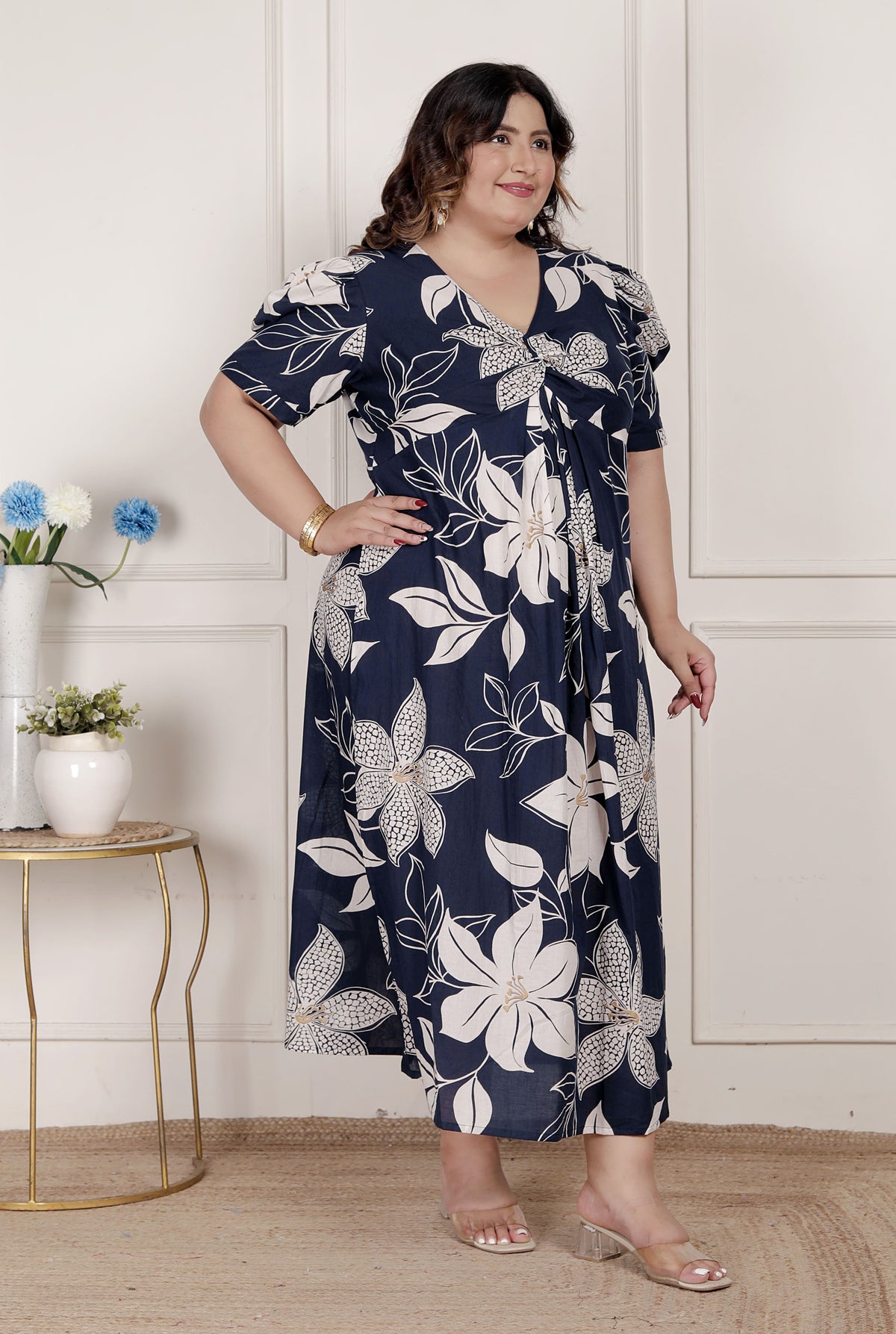 Miravan Womens Plus Size Blue Flower Printed Puff Sleeve Pure Cotton Fit V Neck Butterfly Middi Dress - view 6