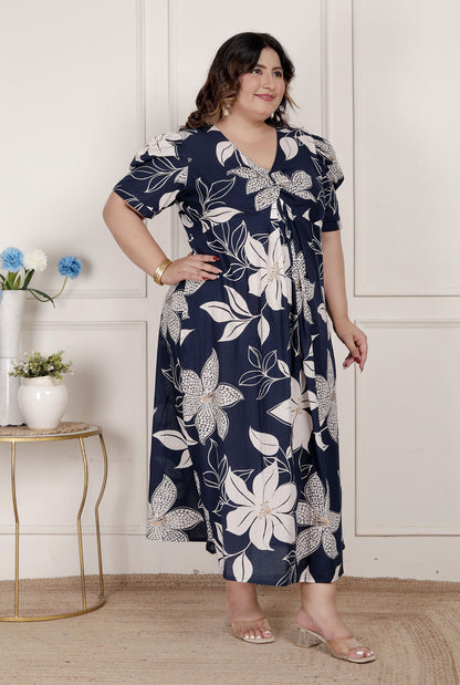 Miravan Womens Plus Size Blue Flower Printed Puff Sleeve Pure Cotton Fit V Neck Butterfly Middi Dress - view 6