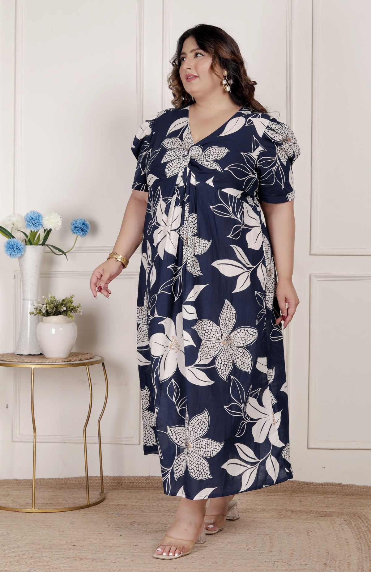 Miravan Womens Plus Size Blue Flower Printed Puff Sleeve Pure Cotton Fit V Neck Butterfly Middi Dress - view 7