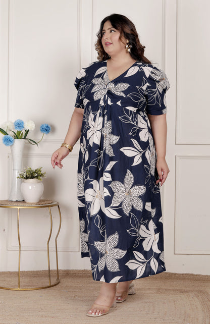 Miravan Womens Plus Size Blue Flower Printed Puff Sleeve Pure Cotton Fit V Neck Butterfly Middi Dress - view 7