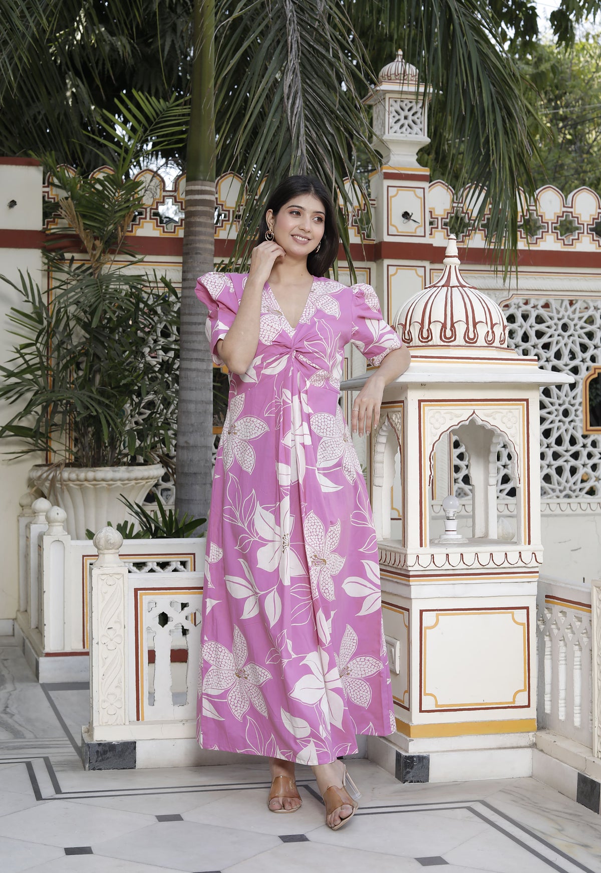 Miravan Womens Pink Floral Print Puff Sleeve Pure Cotton Fit Flare Butterfly Maxi Dress