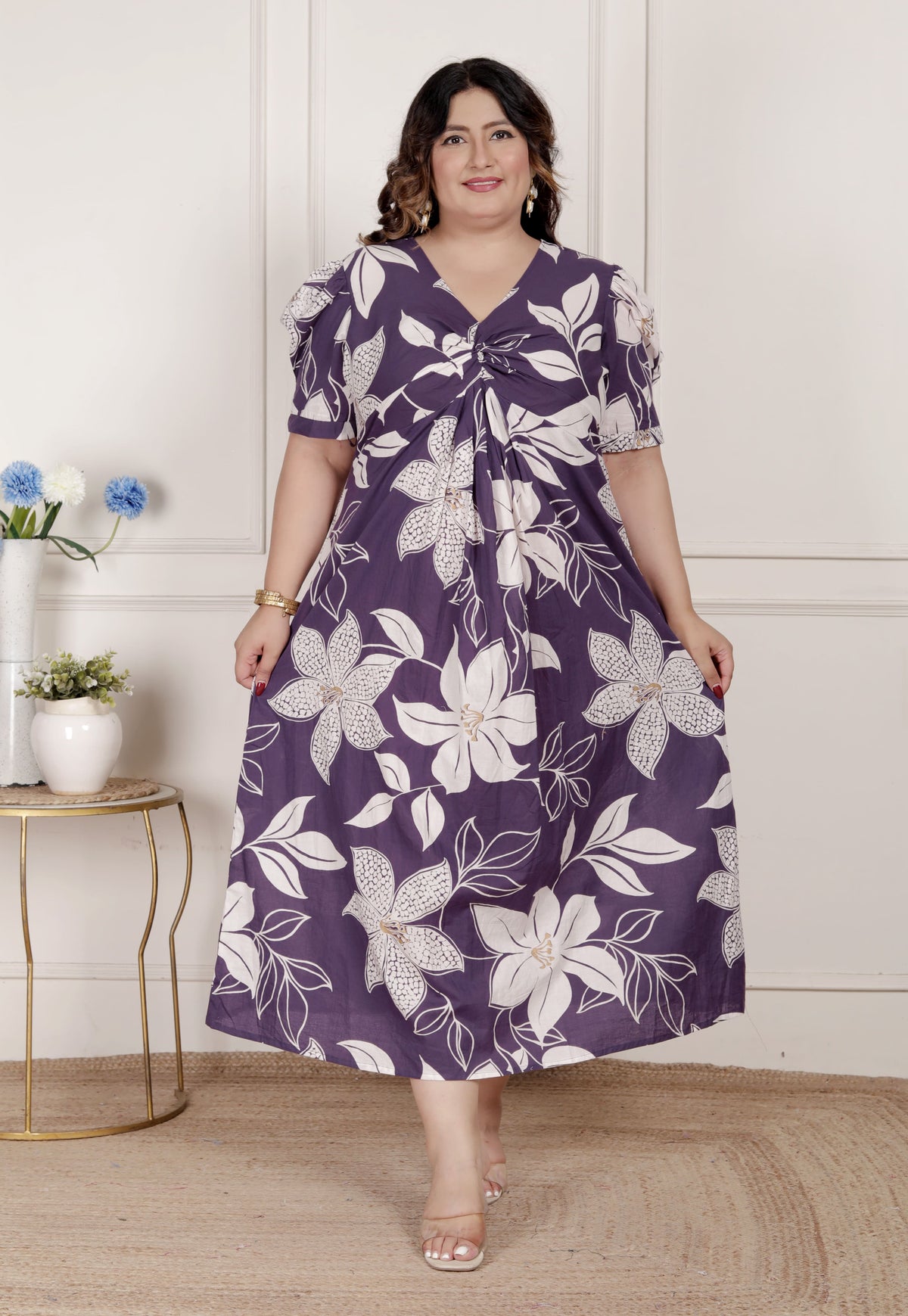 Miravan Womens Plus Size Purple Pleated Puff Sleeve Floral Pure Cotton Butterfly Middi Dress - view 2