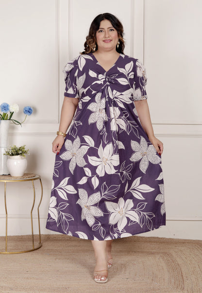 Miravan Womens Plus Size Purple Pleated Puff Sleeve Floral Pure Cotton Butterfly Middi Dress - view 2