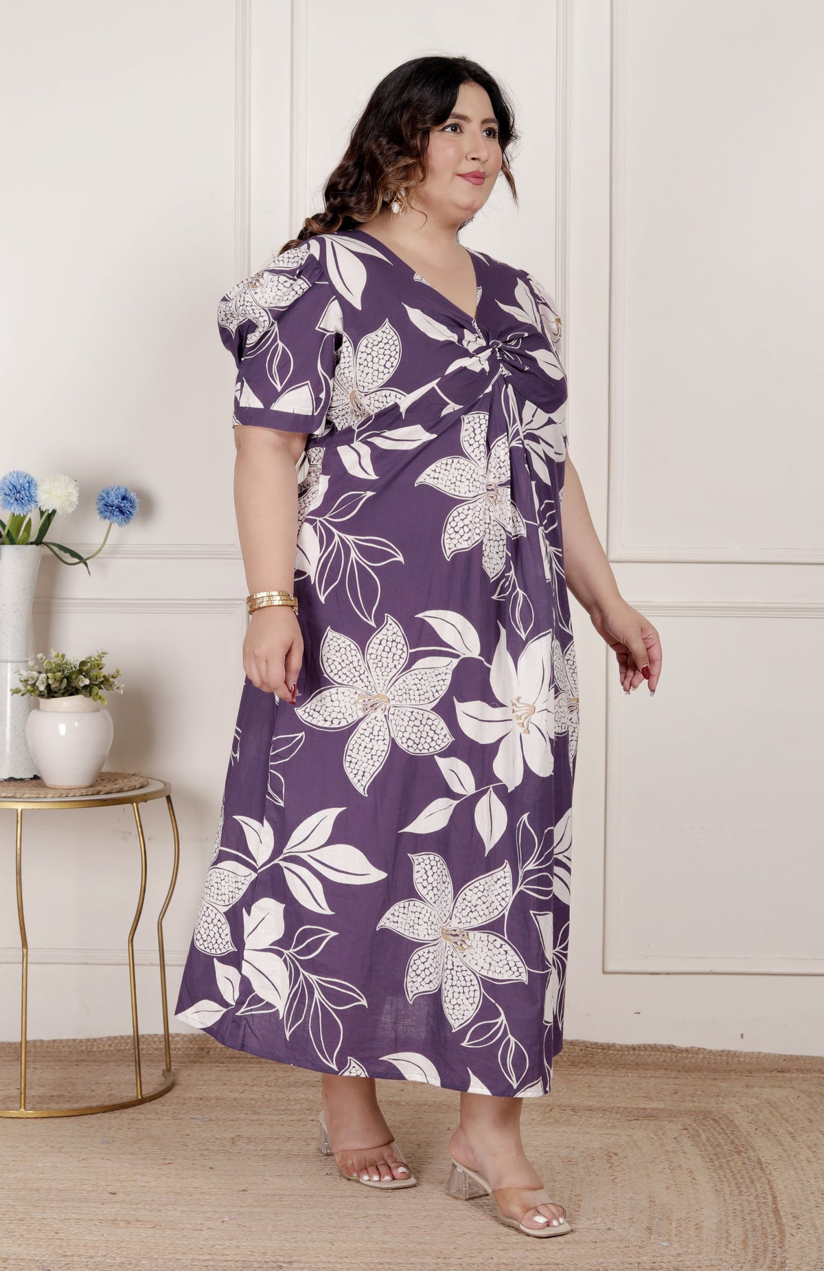 Miravan Womens Plus Size Purple Pleated Puff Sleeve Floral Pure Cotton Butterfly Middi Dress - view 3